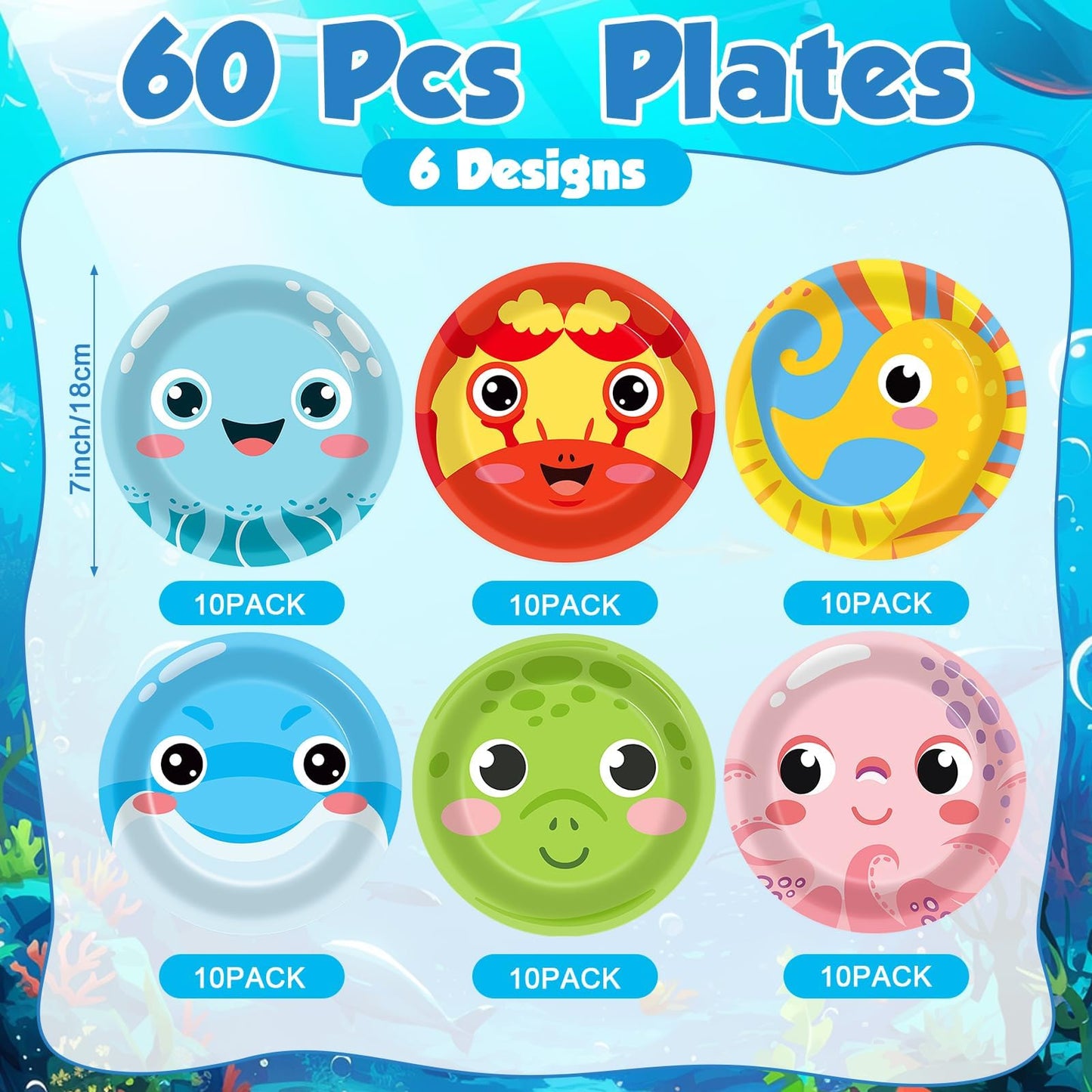 60PCS Under the Sea Party Decoration Ocean Creatures Birthday Paper Plates 7In Sea Animal Dessert Disposable Tableware Set for U