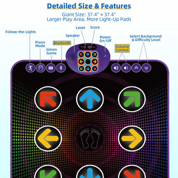 Sunlin Light Up Dance Mat For Boys Girls Ages 3 4 5 6 7 8, Fun Toy Gift W/ 9 Light Up Keys & Bluetooth, Interactive Music Pad W/ 4 Game Modes & Adjustable Volume, Birthday Gift For Kids 3-12