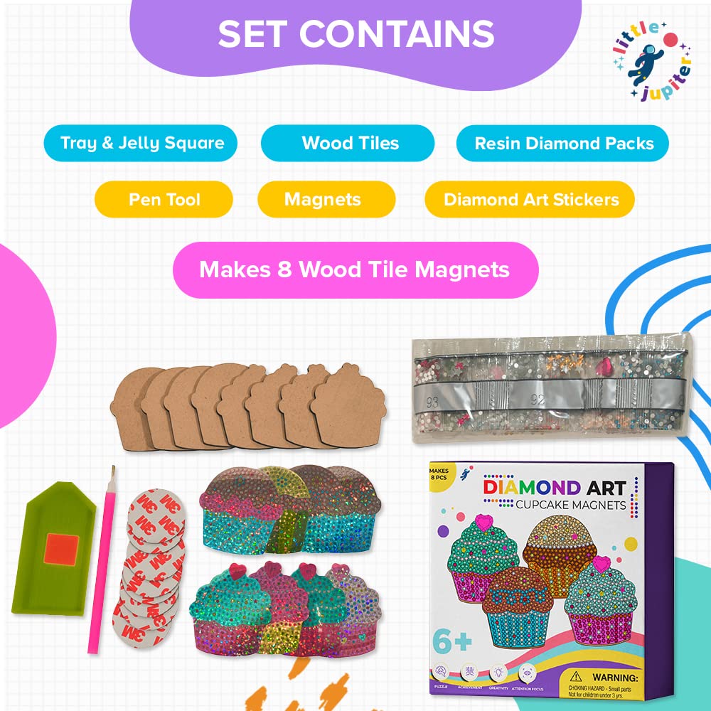 Little Jupiter Cupcake Diamond Art Magnets Set -2023 Ver W/ 8Pcs - Diamond Art Kits For Kids W/Diamond Art Stickers & Wood - Diamond Art Kits For Kids - Diamond Art For Kids - Diamond Art Kits