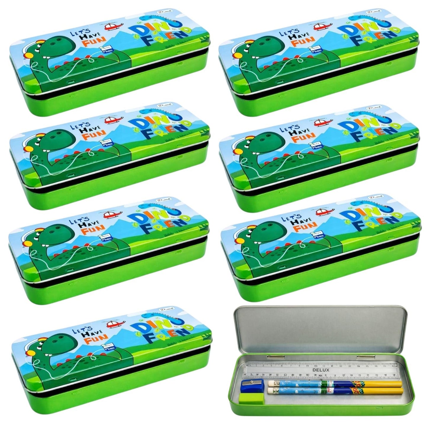 Tera 13 Dinosaur Pencil Box With Pencil, Eraser, Scale & Sharpener | Kanjak Gift & Return Gift | School Stationery Organizer | S