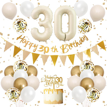 30Th Birthday Decorations Sand White Gold,30Th Birthday Balloons Beige Gold,Happy 30Th Birthday Banner With Cake Toppers Number