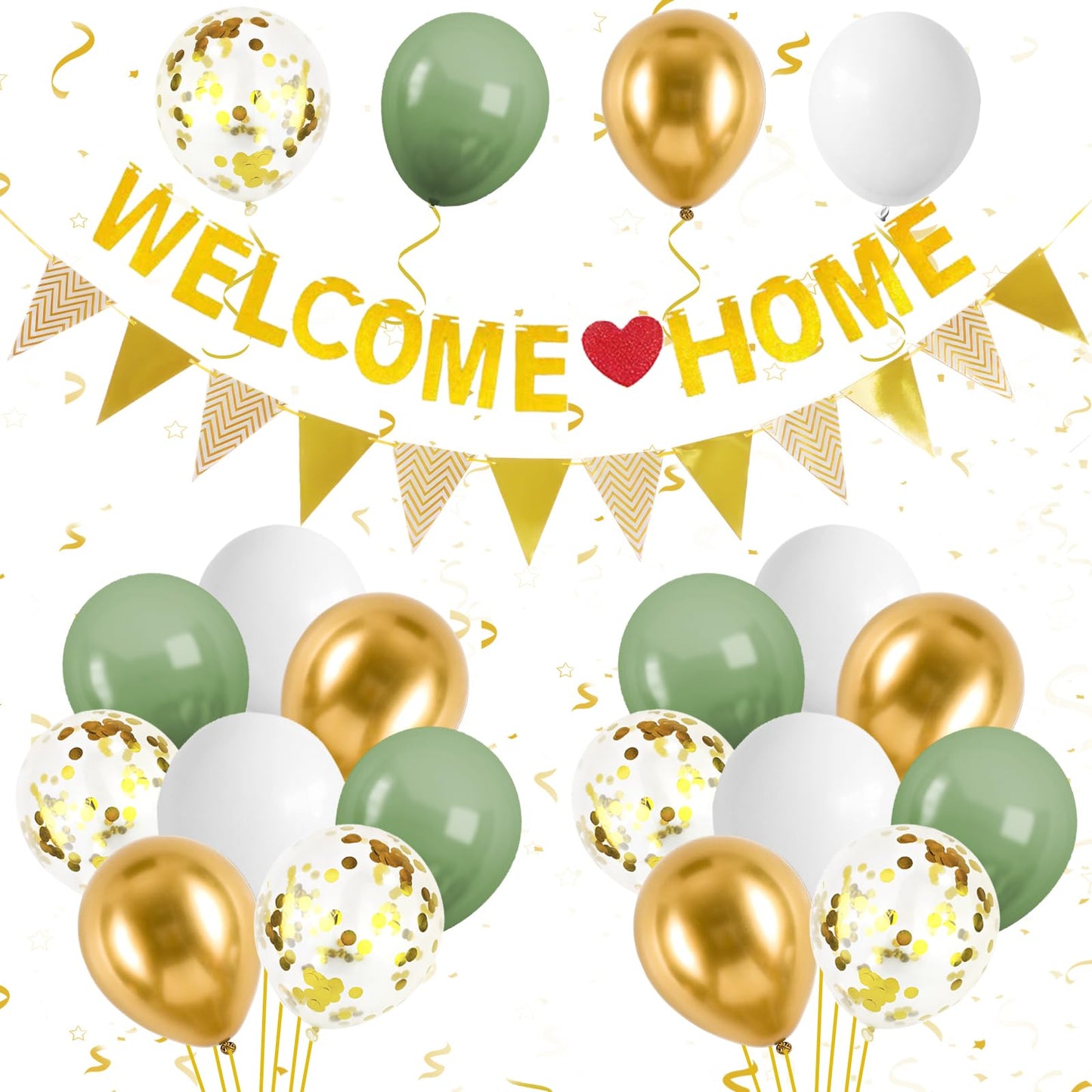 Welcome Home Decorations,Green Gold Welcome Home Balloons Banners Set,Welcome Home Glitter Banner With Confetti Balloons,Pennant