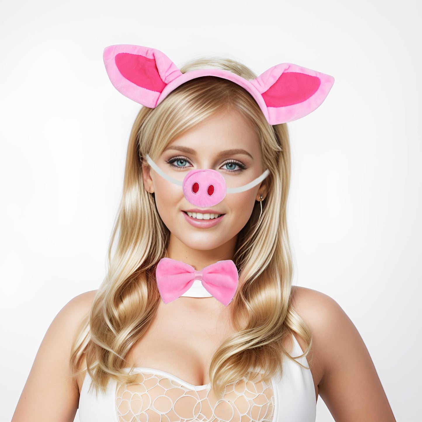 Jmkcoz 4 Pieces Pig Costume Set Pig Ears Headband Nose Tail Bow Pink Pig Fancy Dress Costume Accessories For Halloween Dress Up Play Party