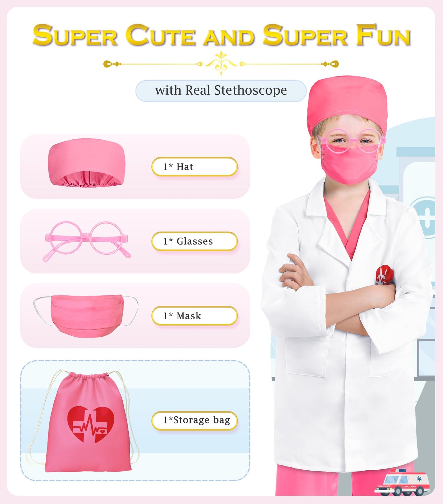 BIBUTY Doctor Costume for Girls Doctor Scrubs Costume for Kids with Lab Coat, Carry Bag, Stethoscope, Doctor Dress Up for Hallow