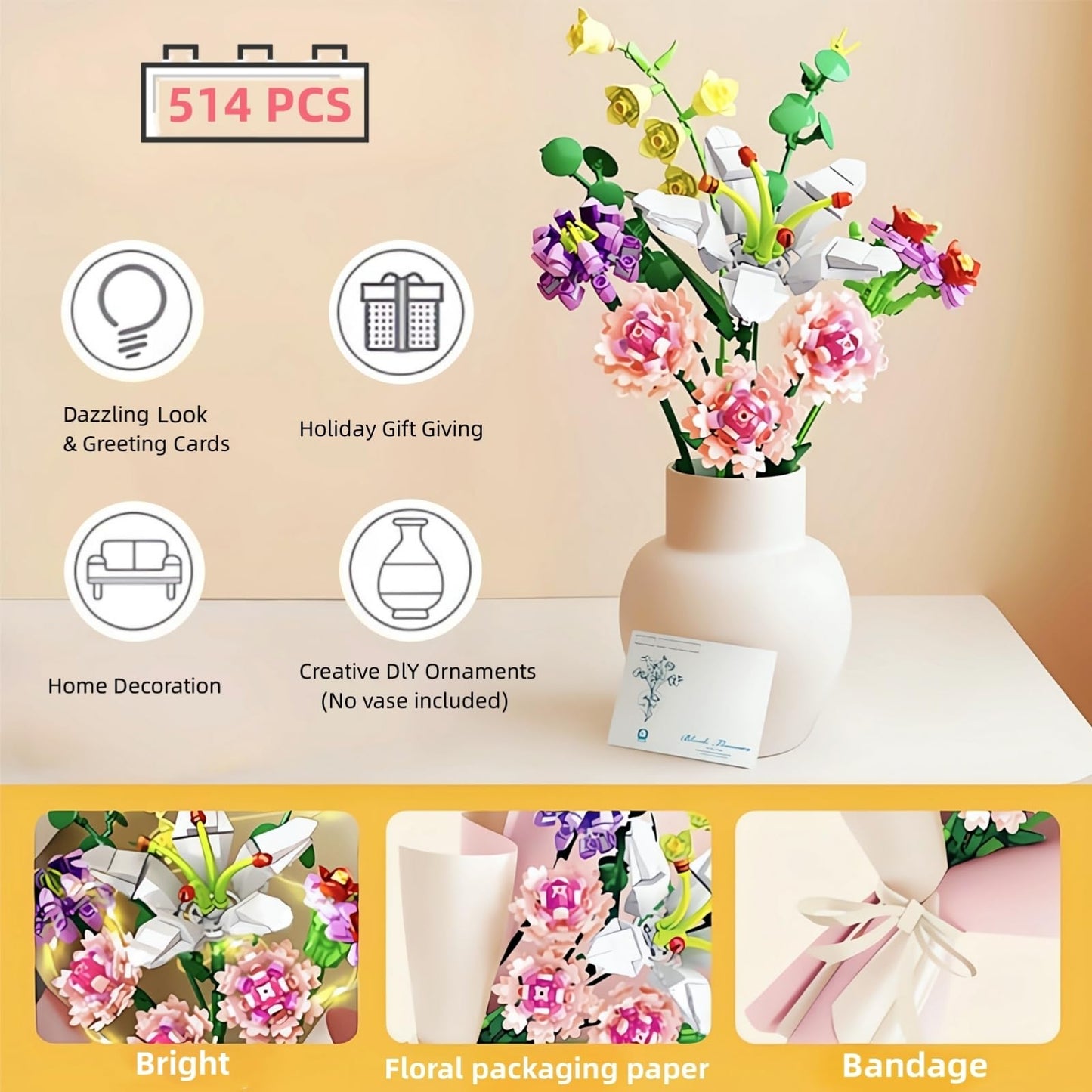 Wulobooi Flower Bouquet Building Set For Adults, Artificial Flowers With Lily Carnation Botanical Collection, 514 Pcs Romantic G