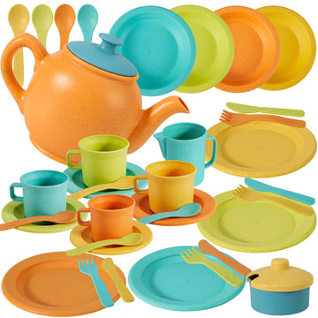 BUYGER Kids Kitchen Accessories and Tea Set for Kids, Toddler Play Kitchen Toy Dish Plates Utensils Dinnerware Set Pretend Role 
