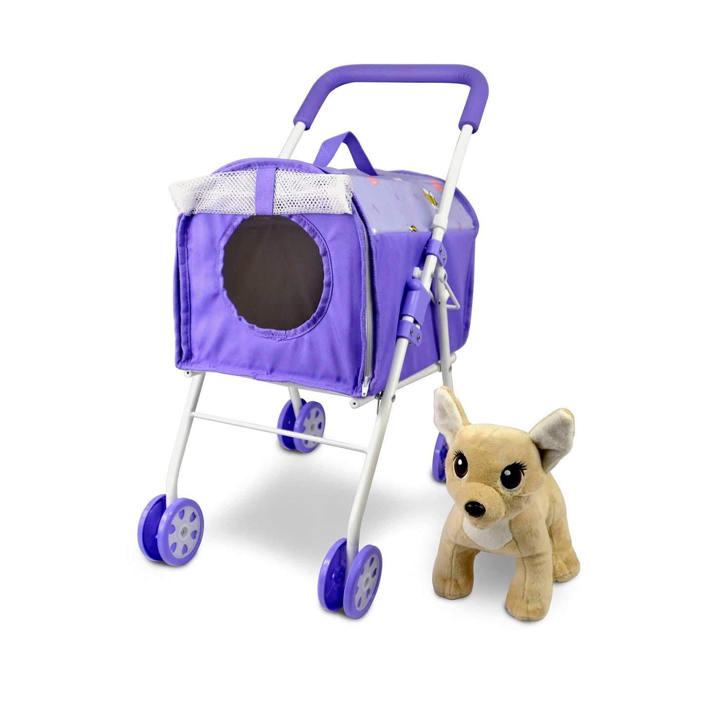 Anivia Pet Stroller And Accessories For Kids Ages 3 To 7 Year Olds, Dog Toy For Toddlers, 2 Pieces Play Dog Set, Puppy Party Playset With 1 Pet Puppy Included Purple