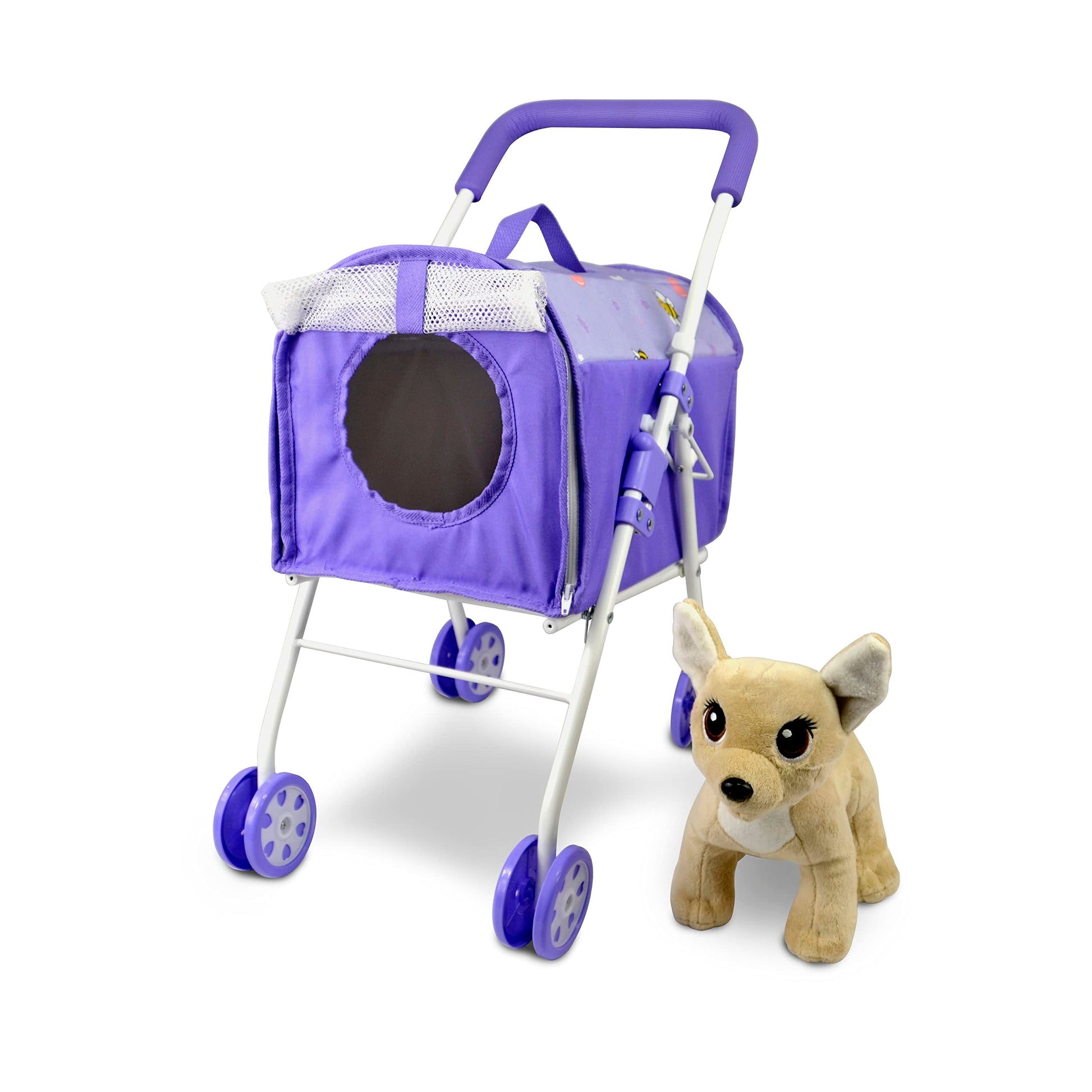 Anivia Pet Stroller And Accessories For Kids Ages 3 To 7 Year Olds, Dog Toy For Toddlers, 2 Pieces Play Dog Set, Puppy Party Playset With 1 Pet Puppy Included Purple