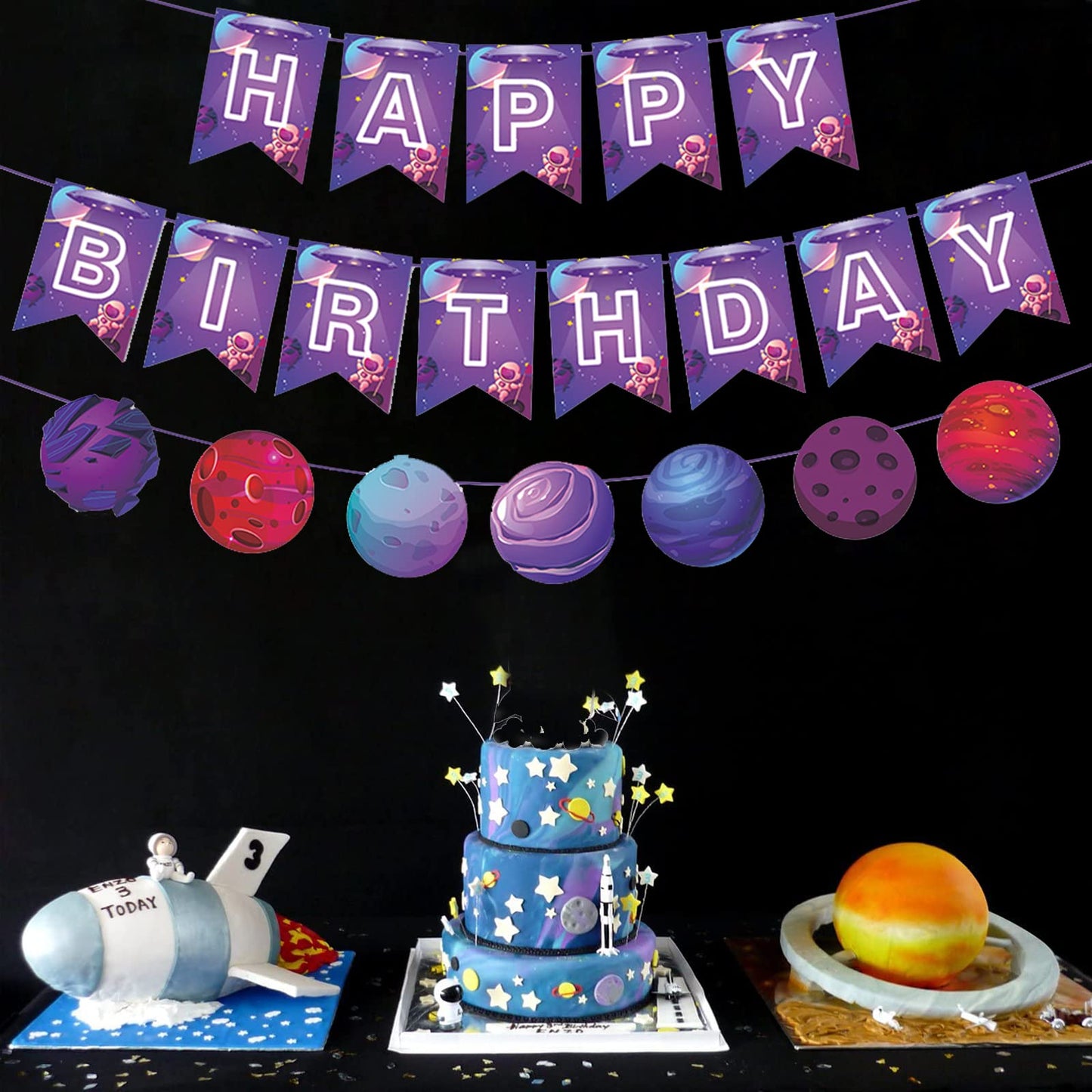 Zwiebeco Space Birthday Party Decoration Supplies - Outer Space Happy Birthday Banner Bunting Garland Hanging Paper Kit For Kids