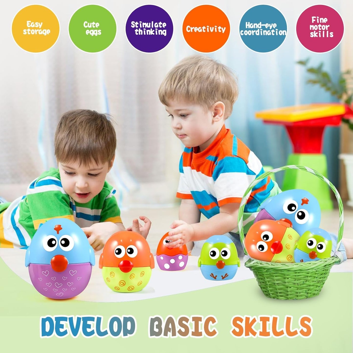 Easter Eggs Toys Basket Stuffers For Toddlers 1-3, Baby 18 Months, 8 Pcs Plastic Nesting & Stacking Matching Toys , Easter Gifts