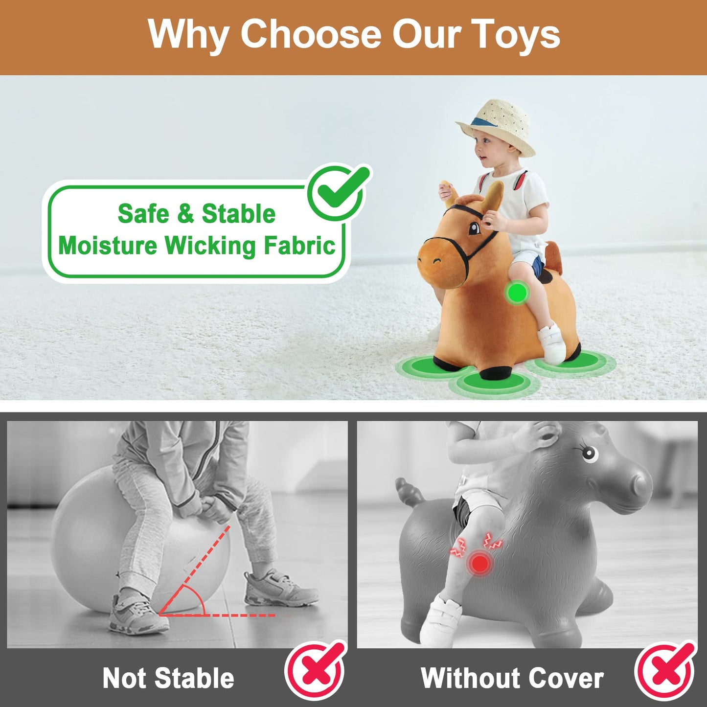 iPlay, iLearn Bouncy Pals Brown Hopping Horse Plush Toy, Medium Inflatable Ride-On Bouncer for Toddlers 18-36 Months