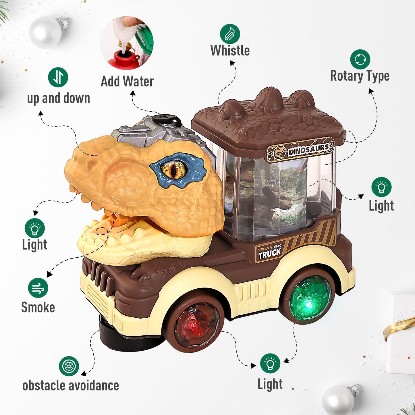 Electric Steam Train Truck Toy for Toddlers 2-4,Monster Dinosaur Truck Toy with Smoke,Flashing Lights & Sound, 360 Rotation Bump