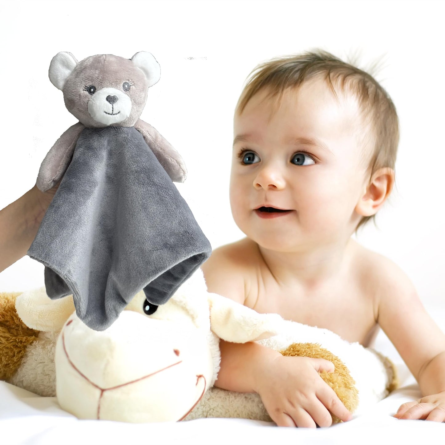 Crevent Cozy Plush Baby Security Blanket Loveys For Baby Girls Boys, Stuffed Animal Ring Rattle Shaker Toy For Newborns (Bear +