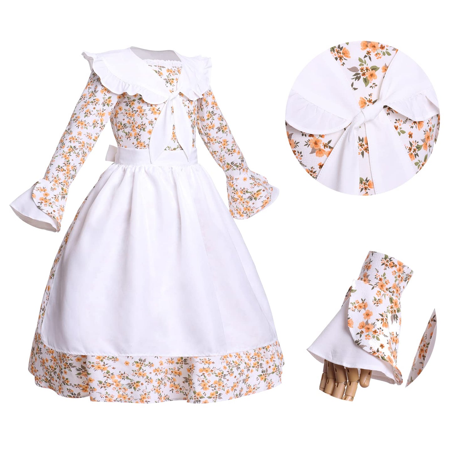 Mikan Tsumiki Colonial Costume Girls Pioneer Dress Prairie Dresses Girl Floral Pilgrim Outfit With Sailor Collar, Beige, Small