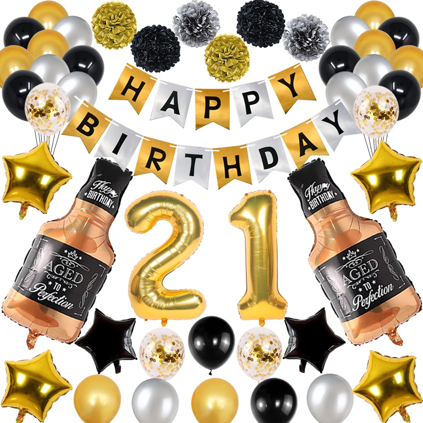 Naninuneno 21St Gold Birthday Decorations, Gold Black Silver Happy Birthday Balloons Supplies For Boy Men Girl Women, 21 Birthda