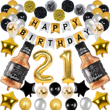 Naninuneno 21St Gold Birthday Decorations, Gold Black Silver Happy Birthday Balloons Supplies For Boy Men Girl Women, 21 Birthda