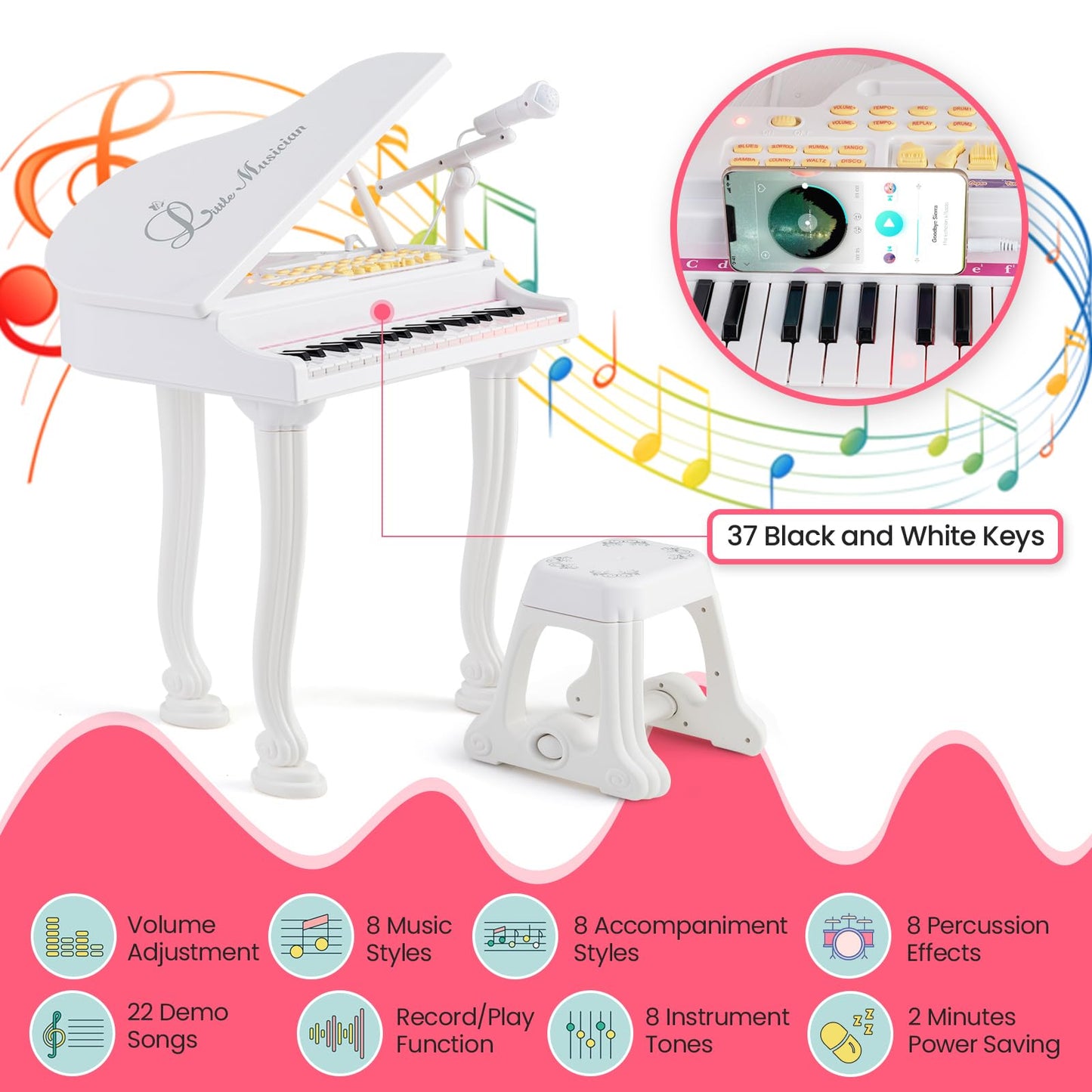 HONEY JOY Classical Kids Piano, 37-Key Toy Mini Grand Piano with Music Stand & Stool, Portable Electronic Educational Musical In