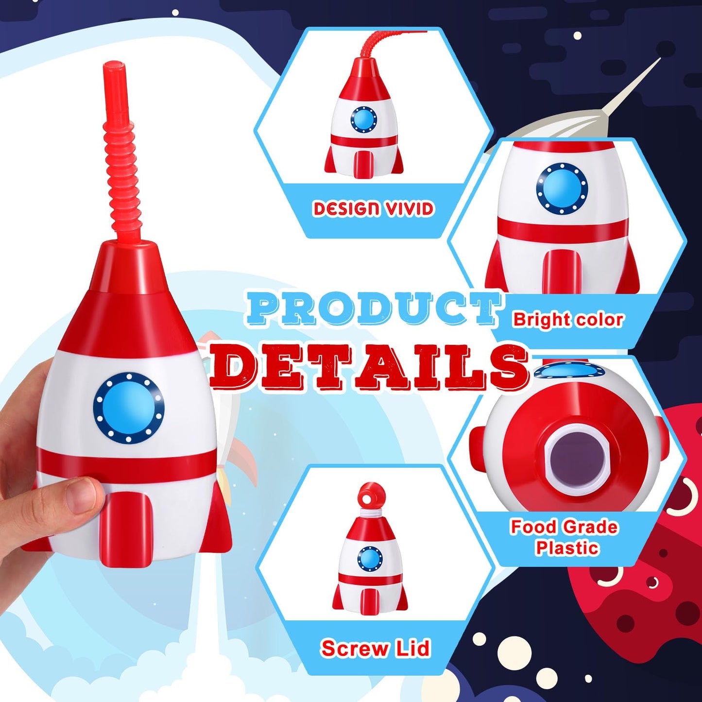 Tanlade Universe Themed Party Favor Gift Supplies Rocket Cups with Straws, Plastic Rocket Shape Cup Reusable Rocket Cups Univers