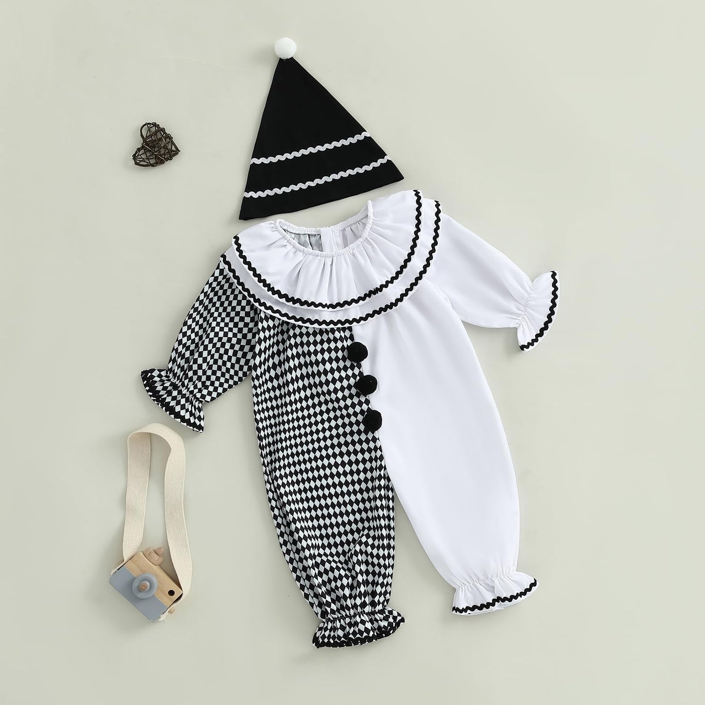 Thorn Tree Toddler Halloween Outfits Baby Boy Girl Clown Costume Contrast Color Long Sleeve Jumpsuit Hat Smocked Outfits (White,