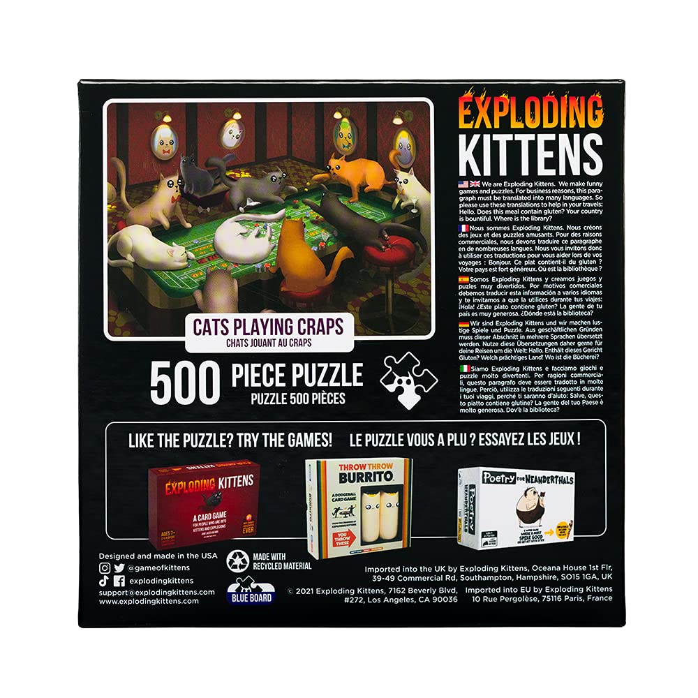 Exploding Kittens Cats Playing Craps Jigsaw Puzzle - 500 Pieces, Multi-Color Cardboard Puzzle for Adults, Teens, and Kids