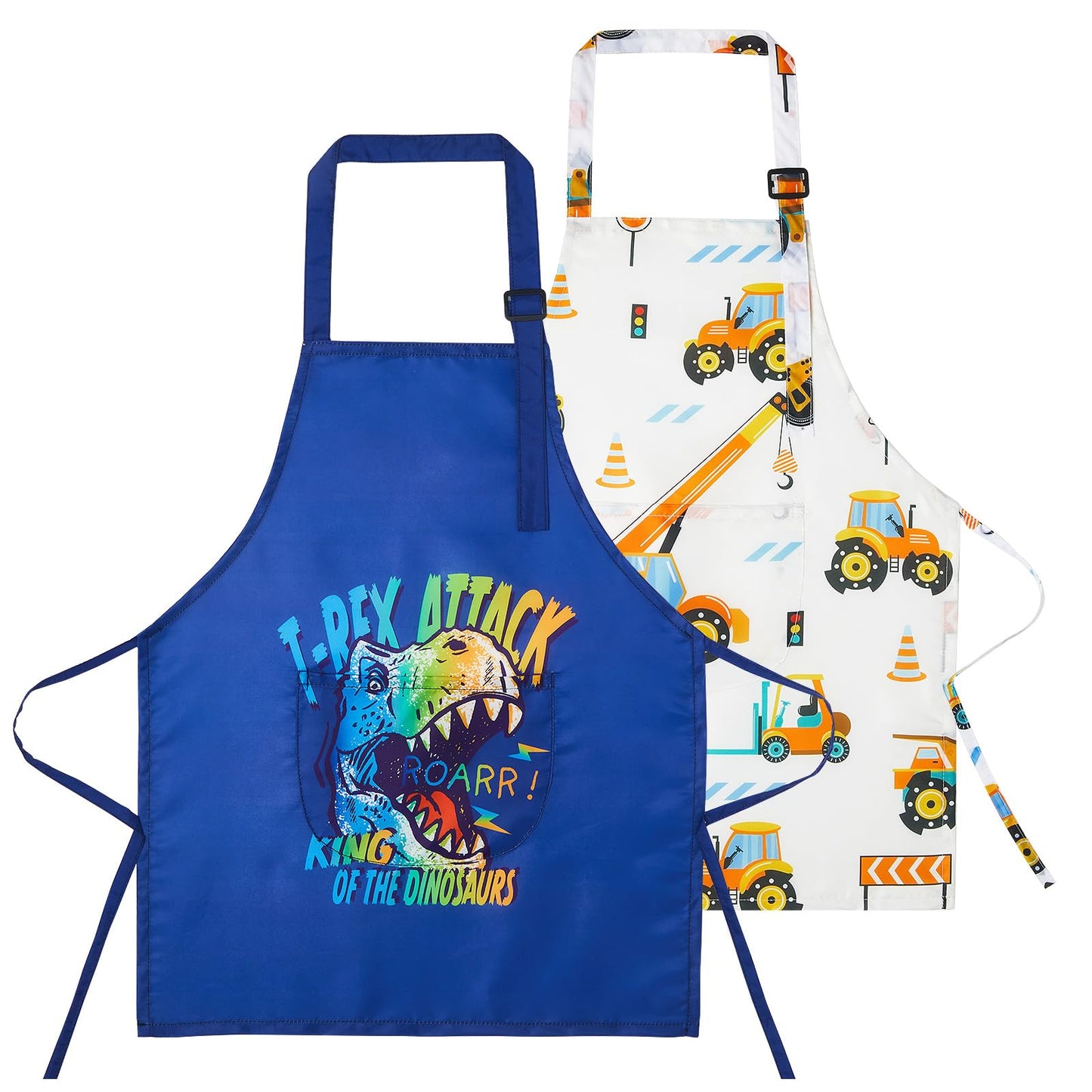 Lictin 2 Pack Kids Apron For Boys T-Rax Car Aprons For Cooking, Waterproof Art Apron With Pockets For Kids Painting Cooking Baking (4-12 Years), Dinosaur+Car