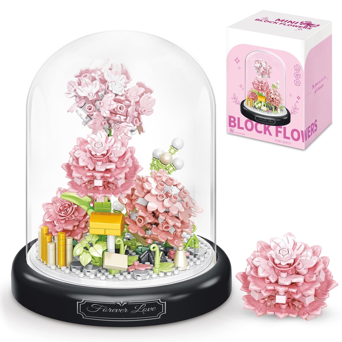 High Godo Flower Bouquet Building Set With Dust Cover, 624Pcs Pink Rose Bonsai Tree Collection Kit, Birthday For Mom Women Girlfriend Adults 12+