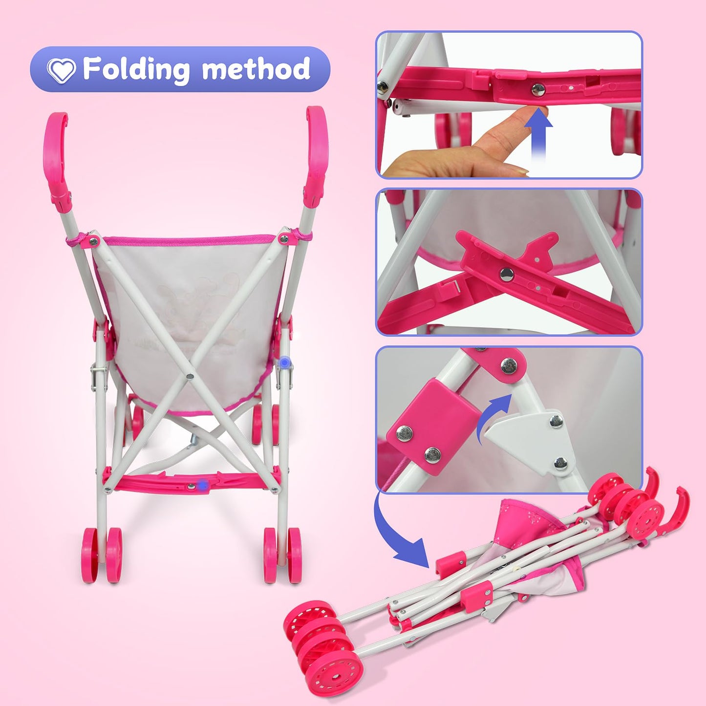 Doll Stroller Toy Anivia Realistic Doll Stroller Heart Design Gifts For Toddlers And Girls Foldable Baby Doll Stroller Toy(Witht