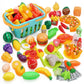 HOLYFUN 100 PCS Cutting Play Food Toy for Kids Kitchen, Pretend Fruit & Vegetables Accessories with Shopping Basket, Plastic Min