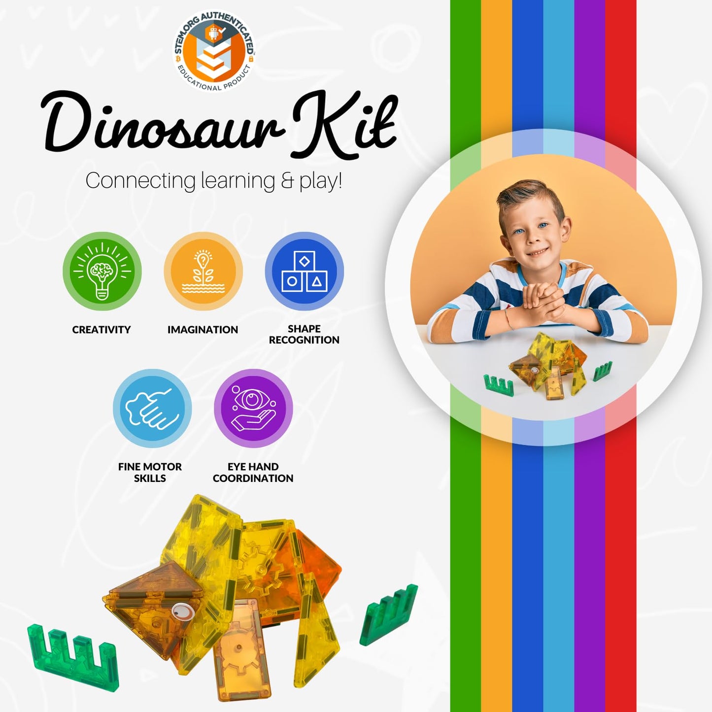 Tytan TILES Dinosaurs 60-Piece Magnetic Tiles Building Set, Dino Safari Land Kids STEM Toy, Creative Play, Shape & Pattern Recog