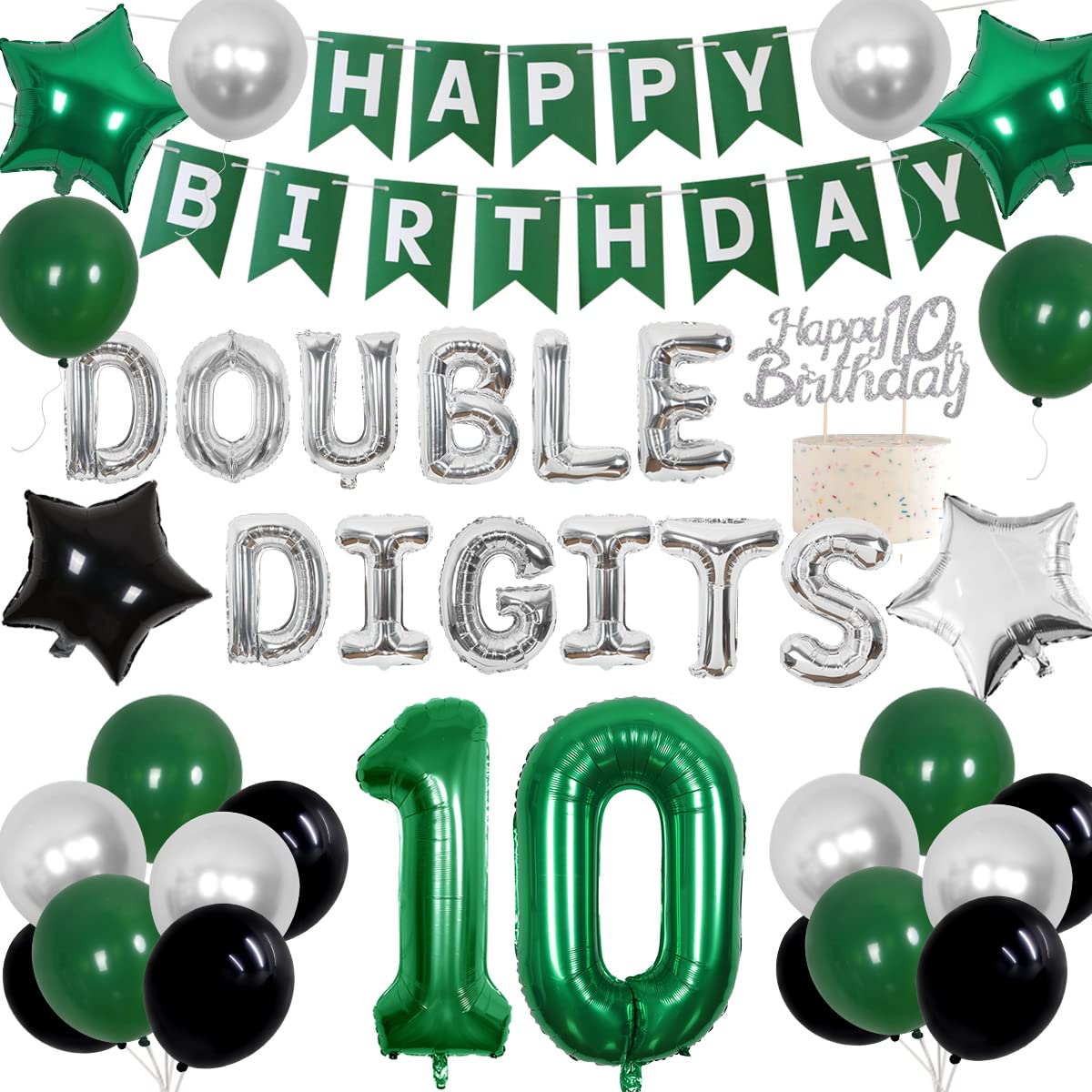 Cheereveal 10Th Birthday Decorations Green For Boys Girls Double Digits Birthday Party Supplies Happy Birthday Banner Cake Topper For 10 Year Old Birthday Decor
