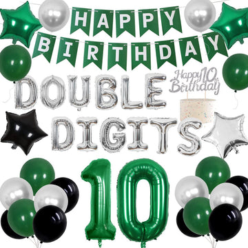 Cheereveal 10Th Birthday Decorations Green For Boys Girls Double Digits Birthday Party Supplies Happy Birthday Banner Cake Topper For 10 Year Old Birthday Decor