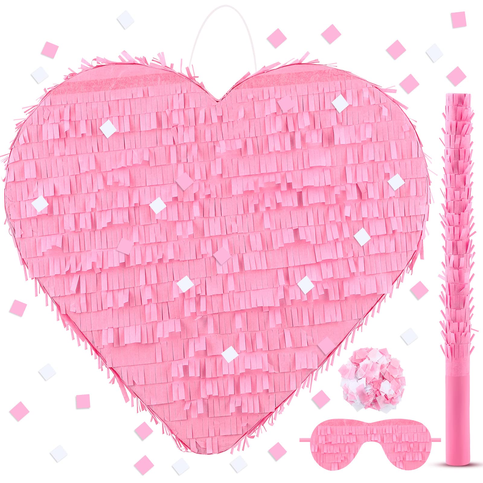 Deekin Pink Heart Shaped Piata Valentines Day Small Piata with Stick Blindfold for Girls Boys Love Birthday Baby Shower Wedding