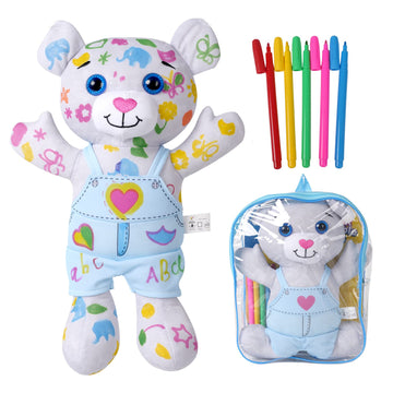 Drawmytoy Coloring Plush Toy With 5 Washable Markers For Little Girls Doodle Dolls For Kids Ages 4-6 Birthday (Blue Bear)