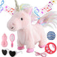 Pink Walking Unicorn Toy Set Singing Dancing Electronic Plush Unicorn With Control Leash, Realistic Footsteps Nodding Tail Wagging Pretend Dress Up Cute Wings Animated Stuffed Unicorn Gift For Girl