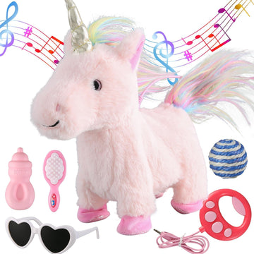 Pink Walking Unicorn Toy Set Singing Dancing Electronic Plush Unicorn With Control Leash, Realistic Footsteps Nodding Tail Wagging Pretend Dress Up Cute Wings Animated Stuffed Unicorn Gift For Girl