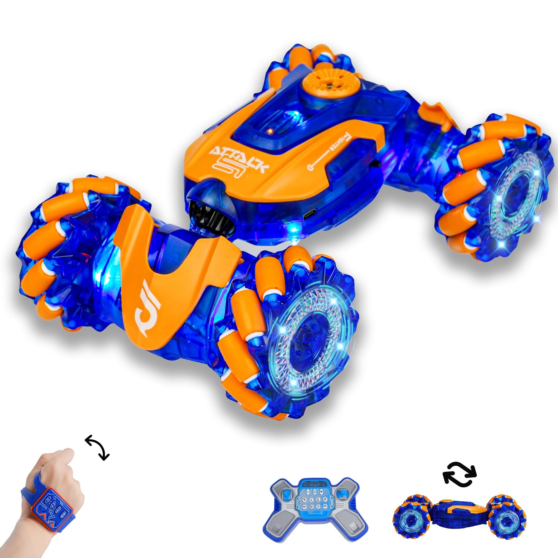Gesture Sensing RC Stunt Car, Remote Control Car, Rotating Rechargeable Transform Car Toys, with Lights Music Spray, 360 4WD Rem