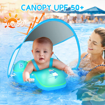 LAYCOL Baby Swimming Float with UPF50+ Canopy, Large Size, Blue, Safe for 3-36 Months
