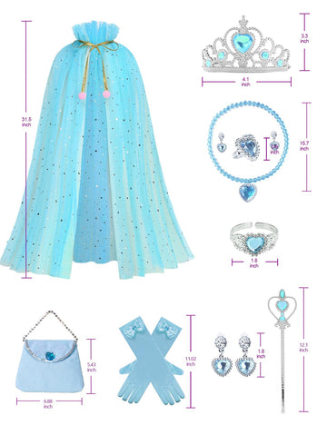 Sabbenia Princess Elsa Cape Set For Little Girl Dress Up,11Pcs Princess Cape Cosplay Christmas Halloween Birthday Gift 3-8Y(Blue