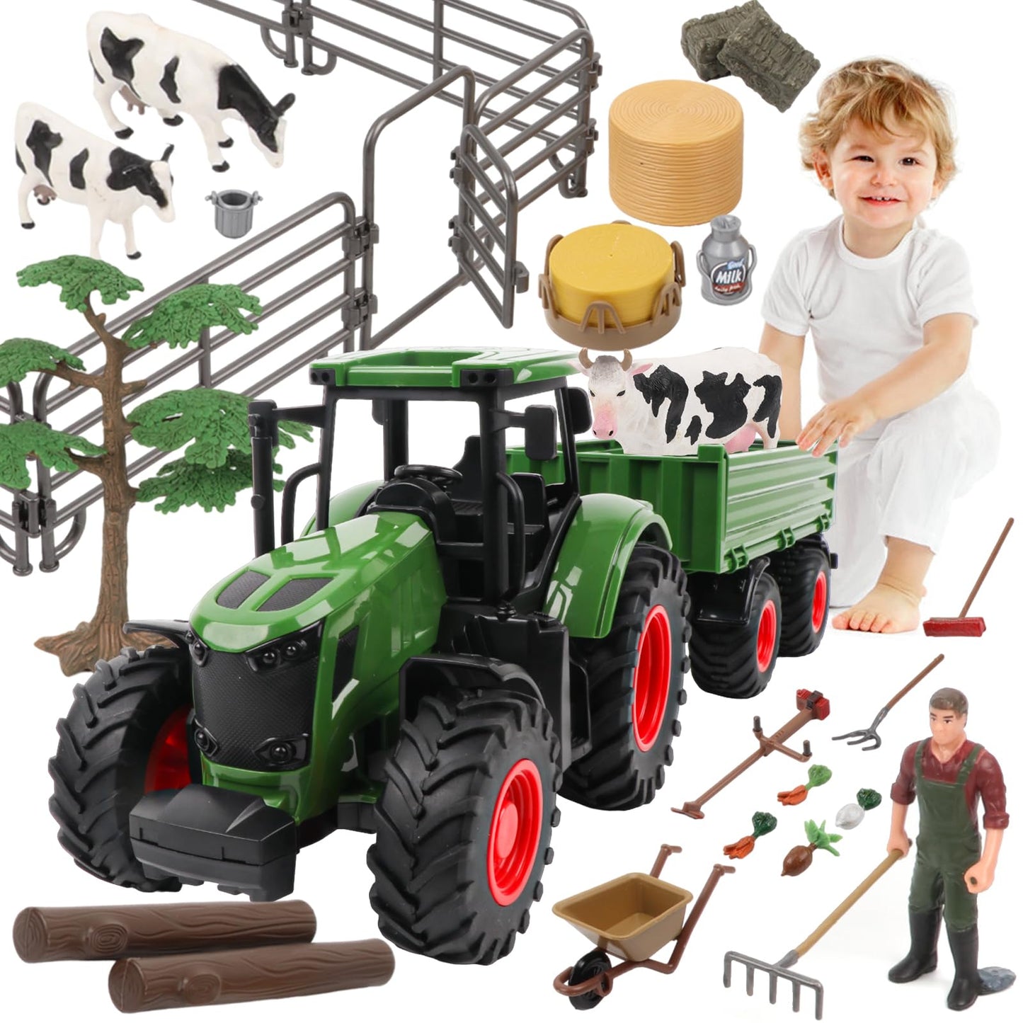 Peagprav Farm Animal Tractor Toys Playset-16.5 Inches Tractor With Trailer Fence,Farmer,Tree,Cow,Farm Toy Set For Boys Girls Kid