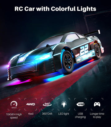DODOELEPHANT RC Drift Car, 4WD Remote Control Vehicle with LED Lights, 2.4GHz Race Car with Drifting & Racing Tires, 2 Rechargea
