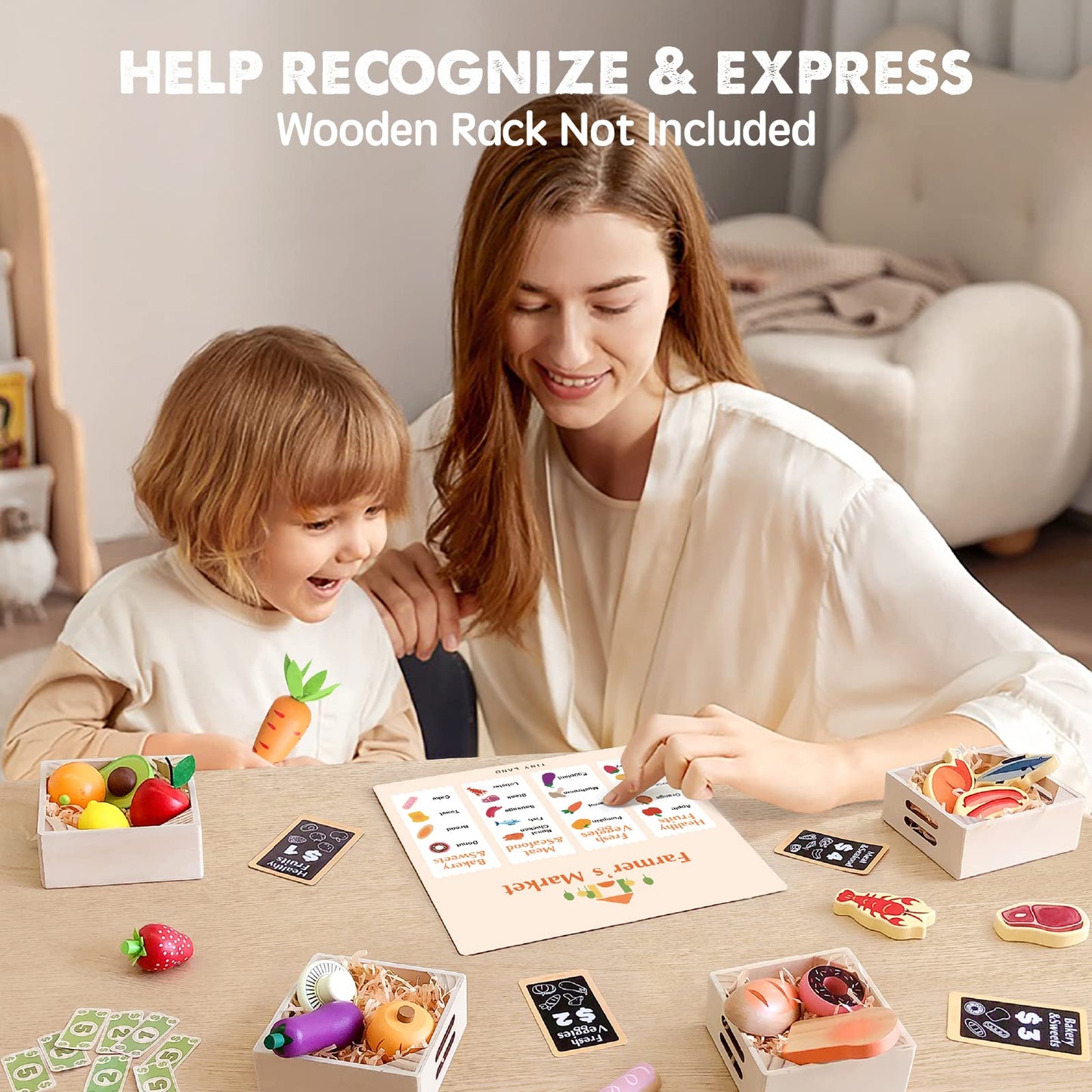 Tiny Land Wooden Play Food Sets for Kids Kitchen - 100% Wood 43 Pieces Kids Toy Food for Toddlers 3+ Year Old, Pretend Food Play