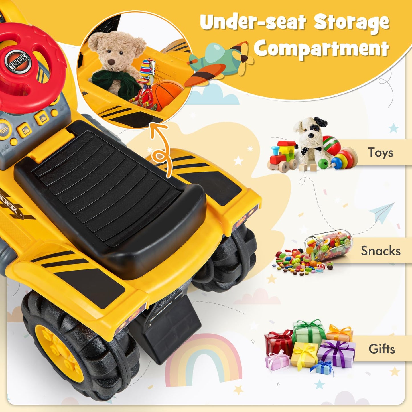 Honey Joy Ride On Excavator, No Power Ride On Construction Vehicles For Kids, Helmet, 3 Toy Rocks, Adjustable Bucket, Horn, Ride On Loader, Bulldozer Ride On Toy, Gift For Boys Girls