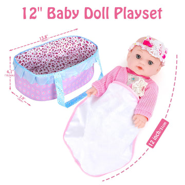 Uzidbto Realistic Baby Dolls 12 Inch Girl Baby Doll With Accessories And Clothes Includes Blanket,Carrier Bassinet Bed,Pacifier,
