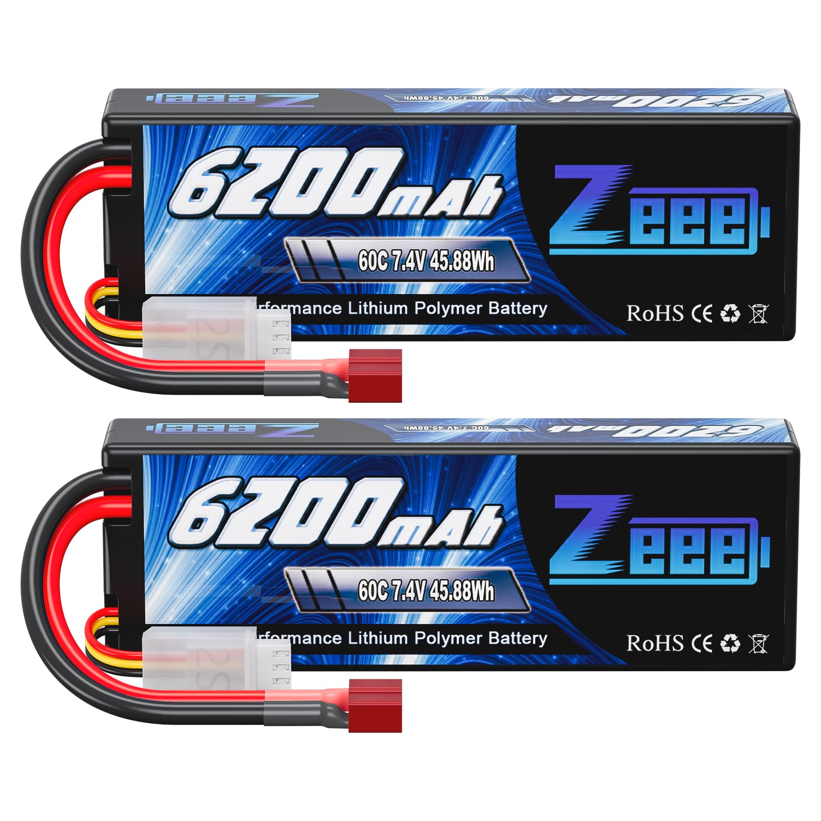 Zeee 2S Lipo Battery 6200mAh 7.4V 60C Hard Case Battery with Deans T Connector for RC Vehicles Car Truck Truggy Boat Racing Hobb