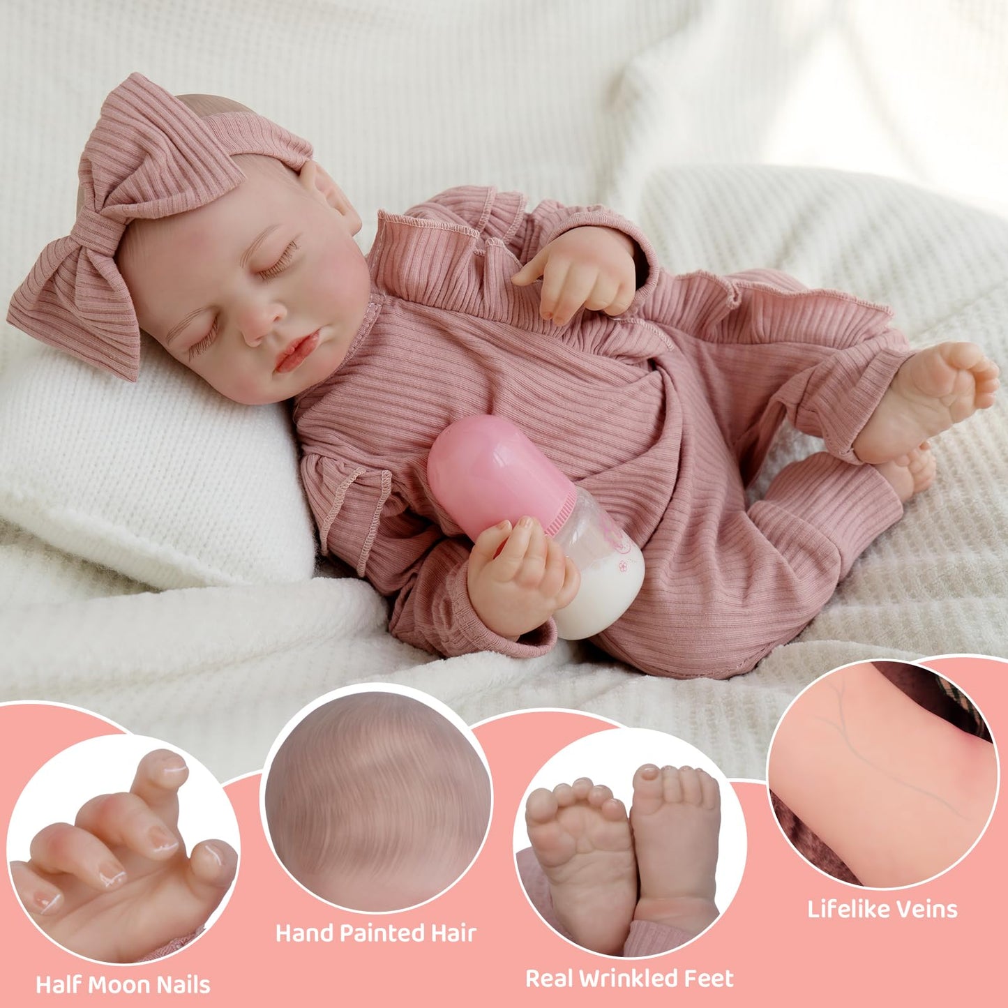 Jirachi Realistic Reborn Baby Dolls, Sleeping Real Life Soft Body Baby Girl, 18 Inch Lifelike Reborn Baby With Pink Clothing Set For Kids 3+