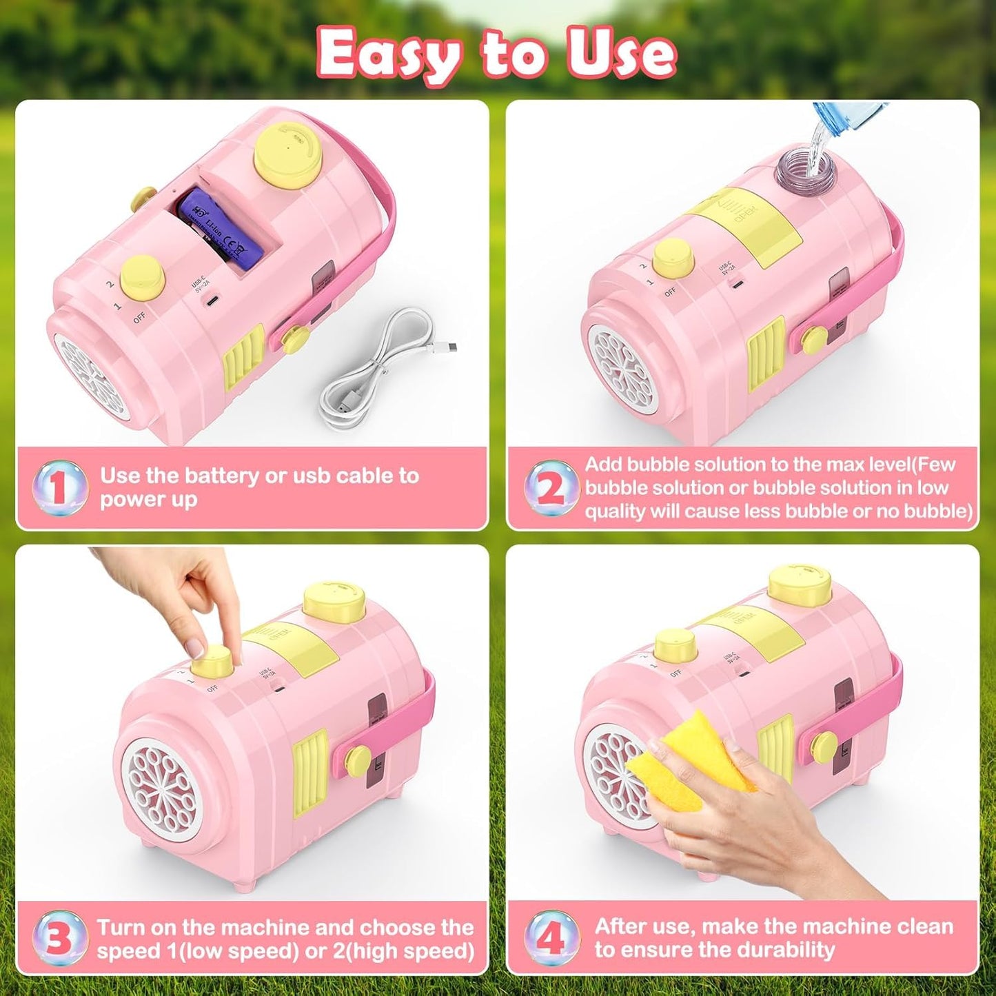 Phnixgam Bubble Machine Large Capacity, Automatic Kids Bubble Blower With 10 Holes 2 Speeds 17Oz/500Ml, Rechargeable Portable Bu