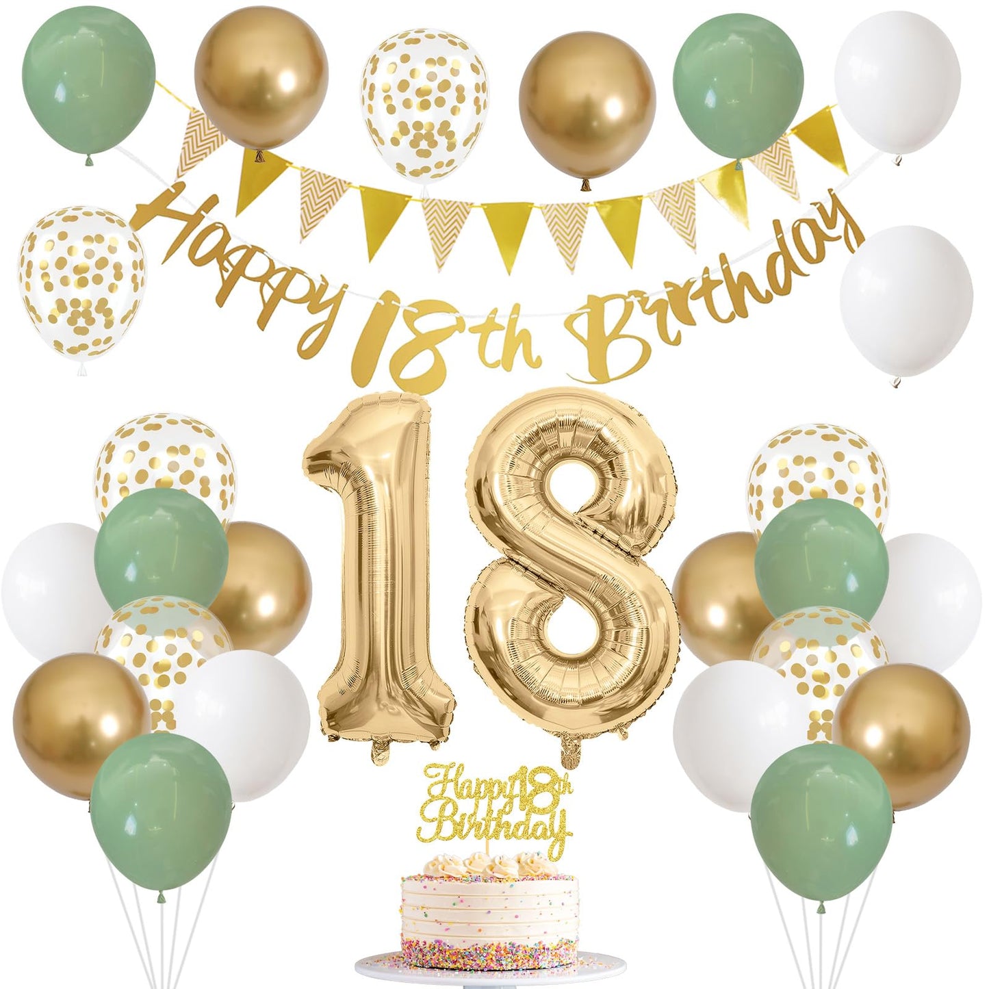18Th Birthday Decorations For Boys Girls, Happy 18Th Birthday Banner With Birthday Cake Topper Number 18 Foil Balloon Sage Green