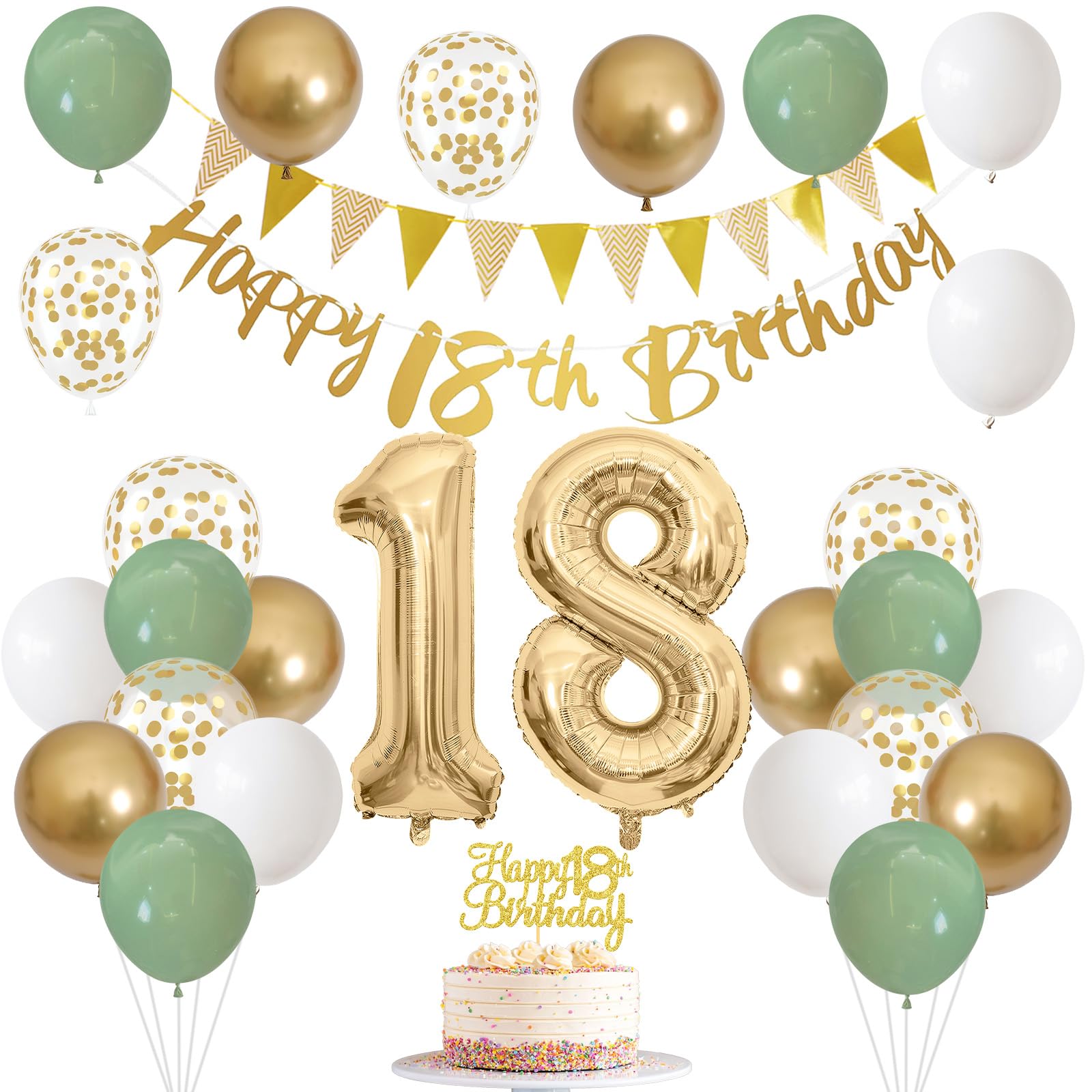 18Th Birthday Decorations For Boys Girls, Happy 18Th Birthday Banner With Birthday Cake Topper Number 18 Foil Balloon Sage Green