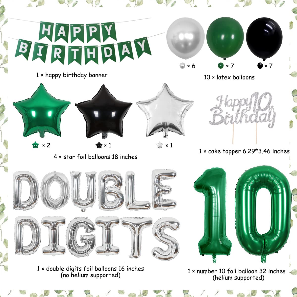 Cheereveal 10Th Birthday Decorations Green For Boys Girls Double Digits Birthday Party Supplies Happy Birthday Banner Cake Topper For 10 Year Old Birthday Decor