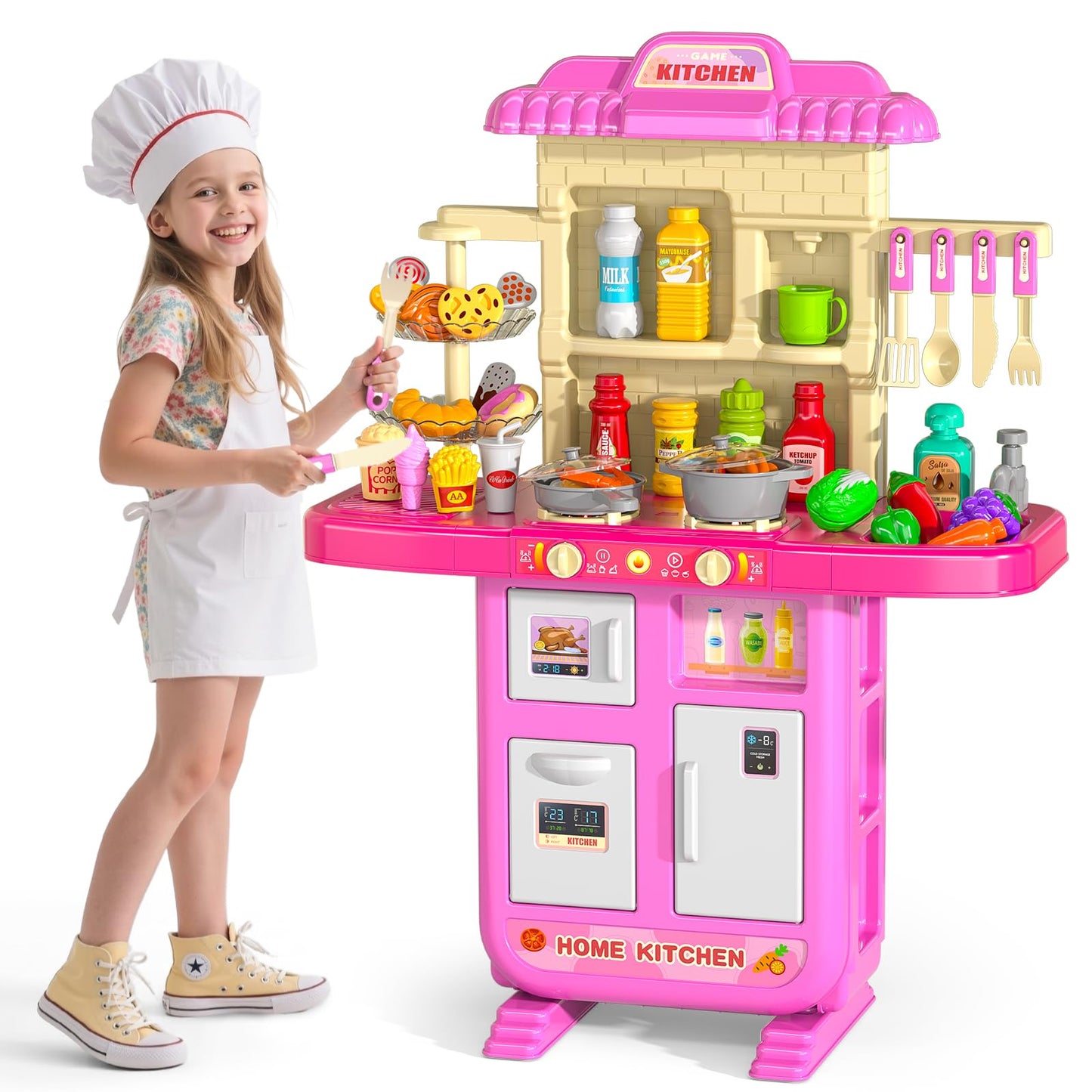 MSKOLER 36 in Kids Kitchen Playset for Ages 2-6 4-8, Play Kitchen with Light, Sound and Spraying, Sink Toy Accessories, Cooking 